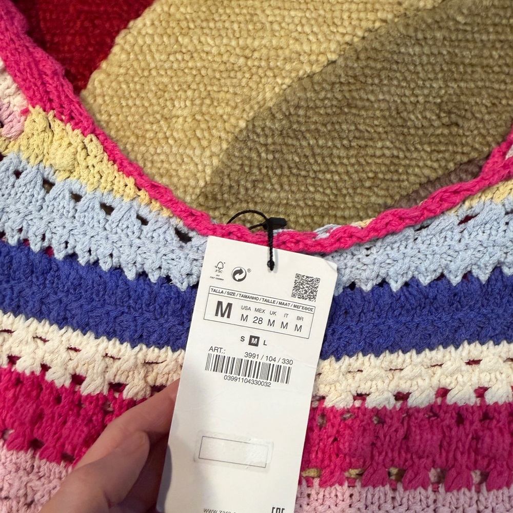 NWT Zara Women Crochet Ruffle Sleeve Colorful Stripe Crop Top Bohemian Medium - Picture 2 of 4